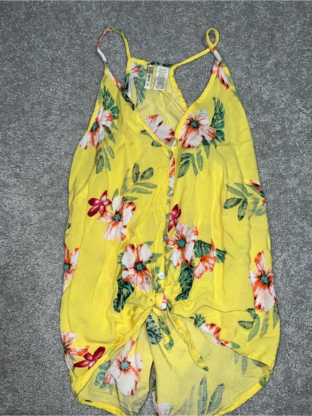 Yellow Floral Button-Front Tie-Hem Cami Top